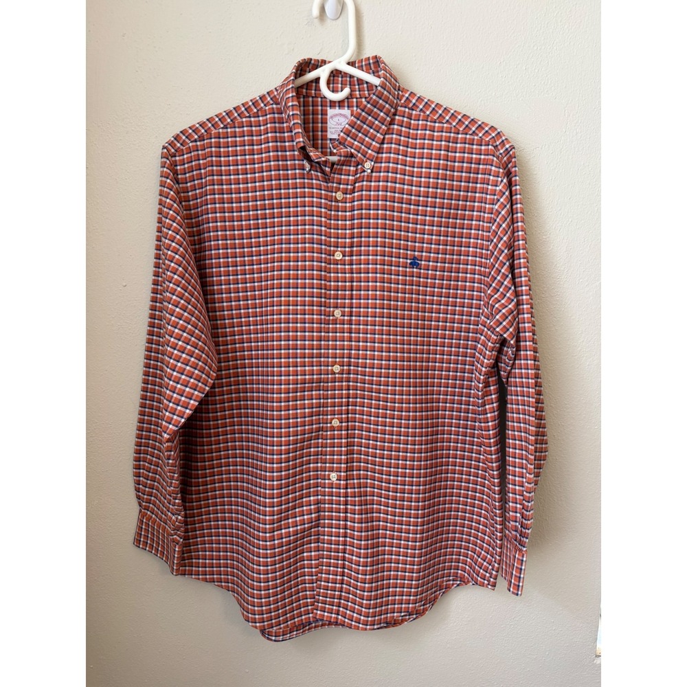 Brooks Brothers 346 Mens Large Orange Navy Tattersall Supima Cotton